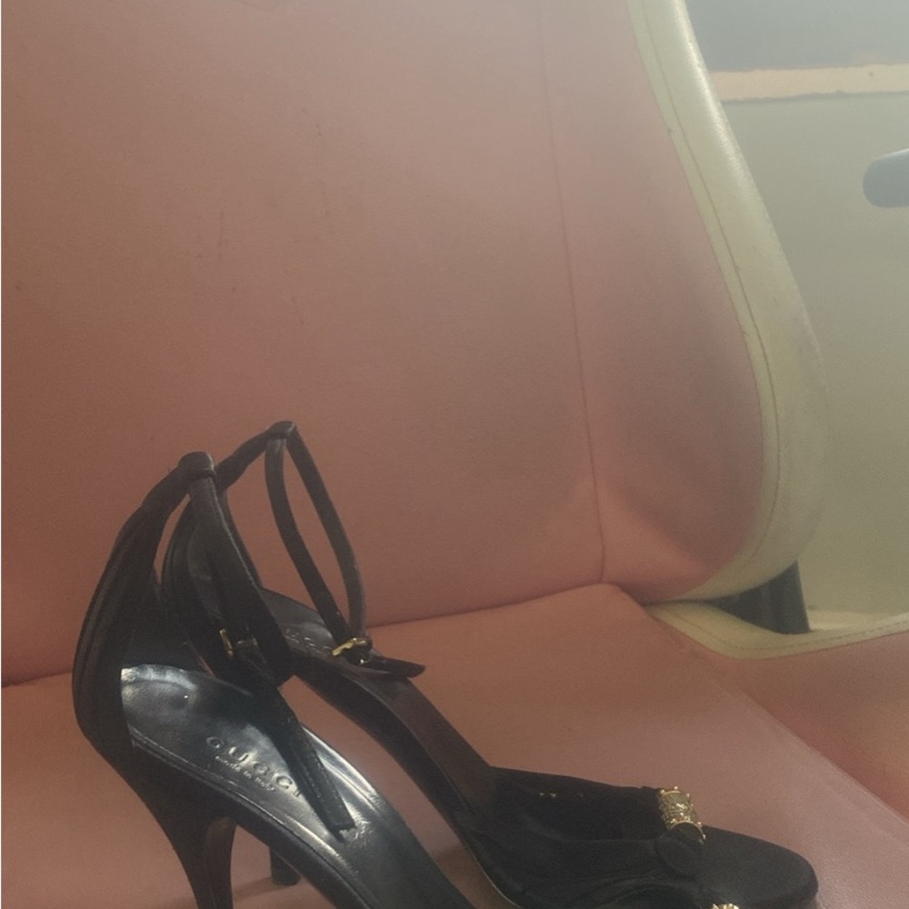 Gucci Black Strappy Heels with Gold Accents